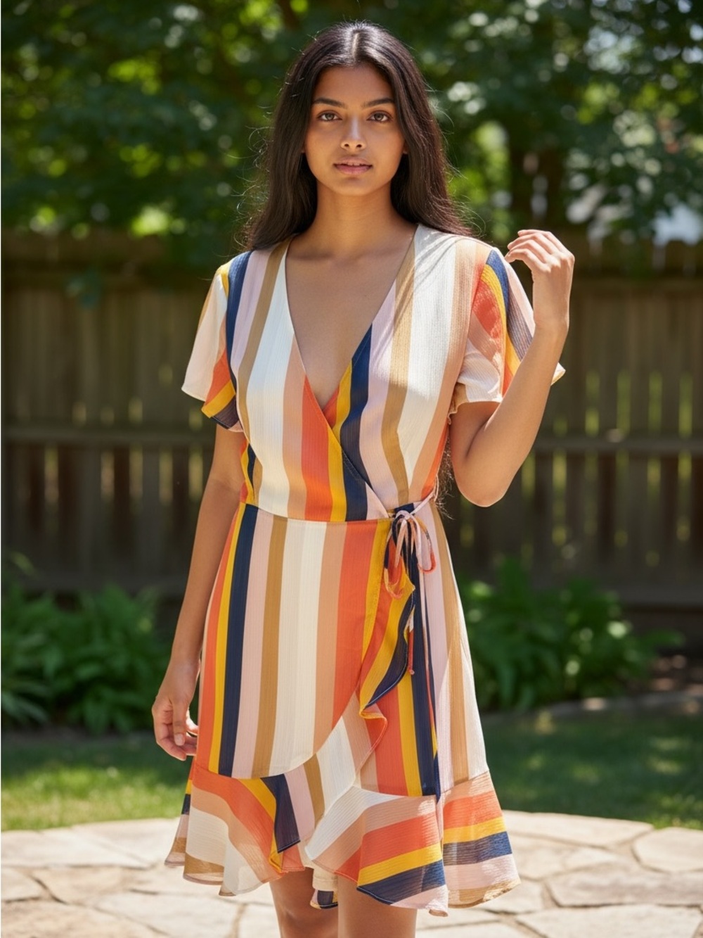 All in Favor Multi-Stripe Wrap Mini Dress in Orange, Navy & Cream